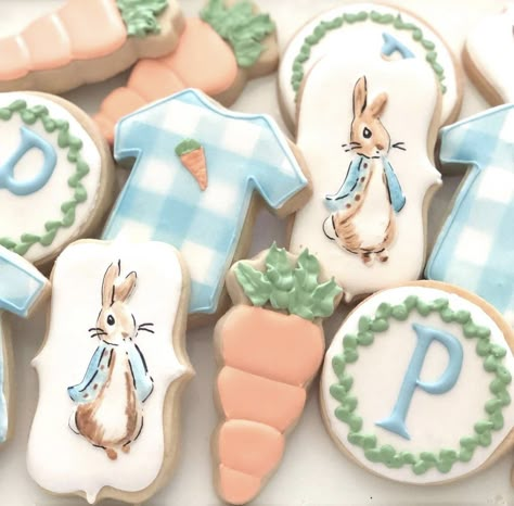 Peter Rabbit Cookies, Peter Rabbit 1st Birthday, April Baby Shower, Peter Rabbit Theme, Peter Rabbit Cake, Cookie Birthday Party, Rabbit Cookies, Peter Rabbit Birthday, Peter Rabbit Party