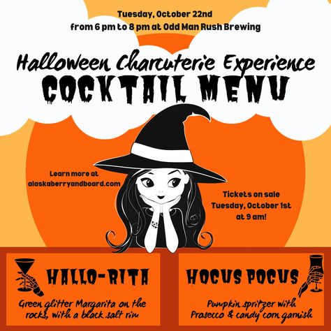 🍸🎃COCKTAIL MENU FOR OUR HALLOWEEN CHARCUTERIE EXPERIENCE🎃🍸 @oddmanrushbrewing has two exclusive cocktails they’ve conjured up for our event: 🧟‍♀️ HALLO-RITA 🔮 HOCUS POCUS Event tickets go on sale TUESDAY, OCTOBER 1st at 9 am, only on our website ➡️ alaskaberryandboard.com Cocktail preorders will be available at time of ticket purchase! Our event is Tuesday, October 22nd at @oddmanrushbrewing from 6 pm to 8 pm. DRINK UP, WITCHES!!!!! 🧹✨🎃🍹🧀 #cheers #halloween #halloweenworkshop #hallow... Margarita On The Rocks, Cocktail Menu, Hocus Pocus, Green Glitter, The Conjuring, Halloween