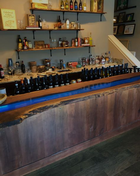 Bar Shelf Ideas For Home, Epoxy Resin Bar Top, Resin Bar Top, Bar Shelves Ideas, Walnut Bar Top, Wood Bar Top, Live Edge Bar, Live Edge Black Walnut, Epoxy Tables