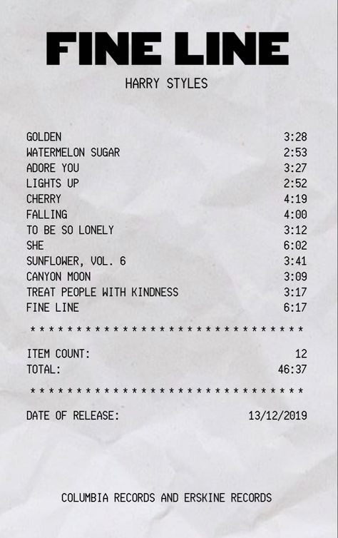 Fine Line Album Poster, Harrys House Receipt, Fine Line Receipt, Song Receipts, Music Receipt, Fine Line Aesthetic, Fine Line Album Cover, Album Fine Line, Fine Line Poster