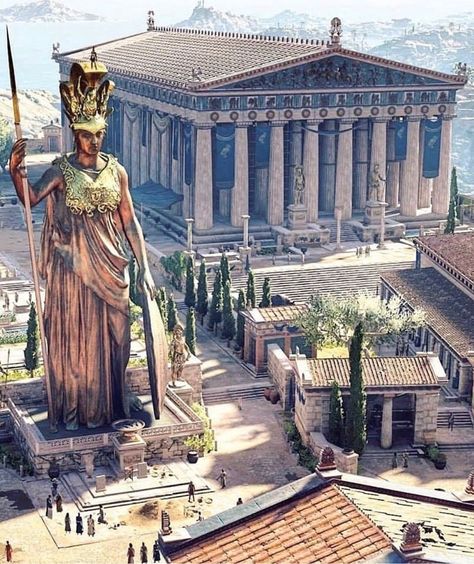 Greek City Concept Art, Statue Of Athena, Imperiul Roman, Greece Architecture, Ancient Athens, Sejarah Kuno, Ancient Greek City, Greek City, The Parthenon