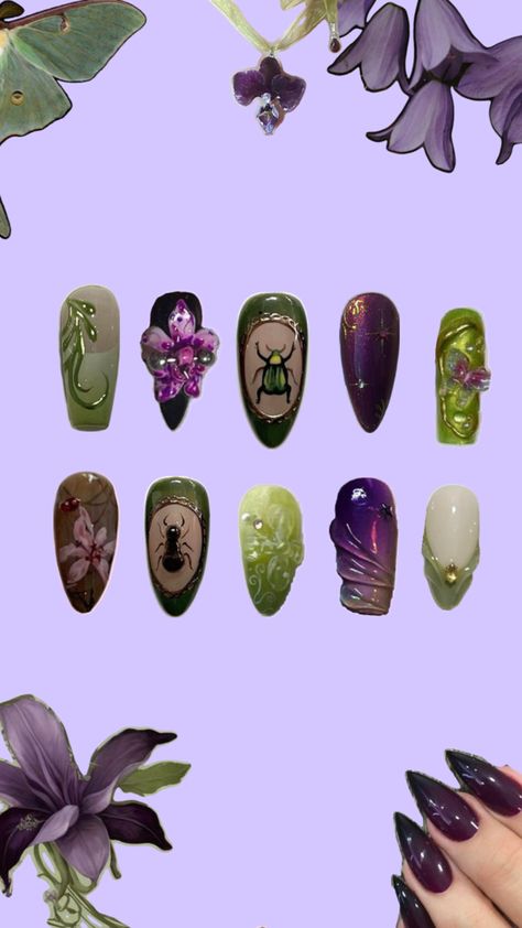 Dark Green Design Nails, Green And Purple Nail Designs, Dark Fairy Nails, Green And Purple Nails, Purple And Green Nails, Fairycore Nails, Nessa Nails, Fairy Nails, Cartoon Nails