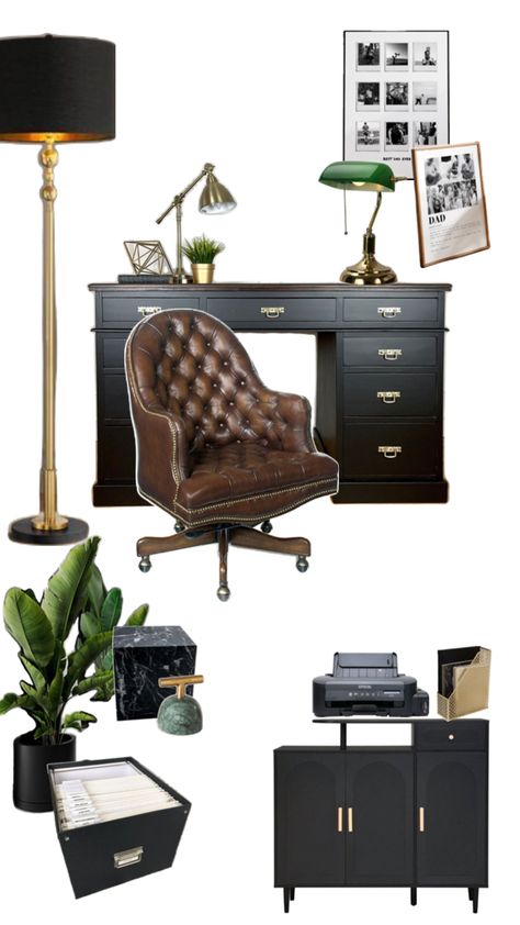 Moody office Decorations Manly Office Decor, Manly Office, Black And Gold Office, Dads Office, Moody Office, Office Dark, Gold Office, Office Decorations, Bedroom Office