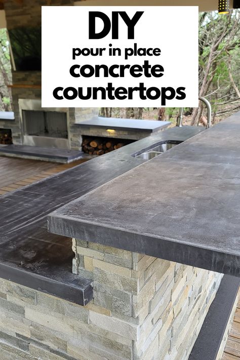 See how to easily pour-in-place gorgeous concrete countertops! How To Concrete Countertops, Outdoor Concrete Countertops, Cement Countertops, Outdoor Countertop, Concrete Outdoor Kitchen, Grilling Area, Concrete Countertops Kitchen Diy, Concrete Countertops Colors, Concrete Countertops Bathroom