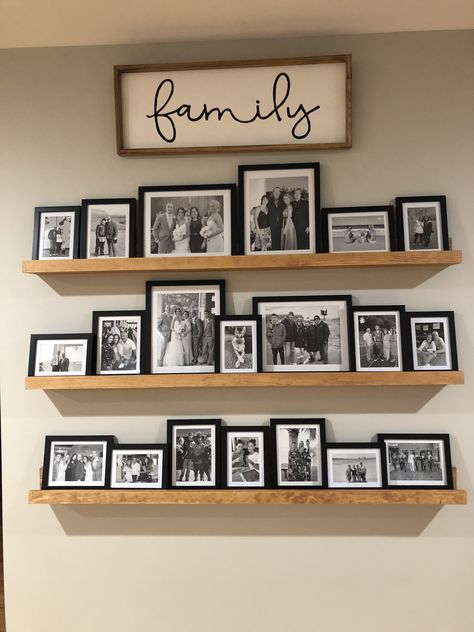 Mantle Family Picture Decor, Pictures On Living Room Wall Ideas, How To Style A Blank Wall In Living Room, Wood Lattice Wall Decor Ideas, Home Decor With Photos, Blank Wall Decor Living Room, Picture Ledge Ideas Hallway, Farmhouse Family Picture Wall, Hobby Lobby Pictures Wall Decor