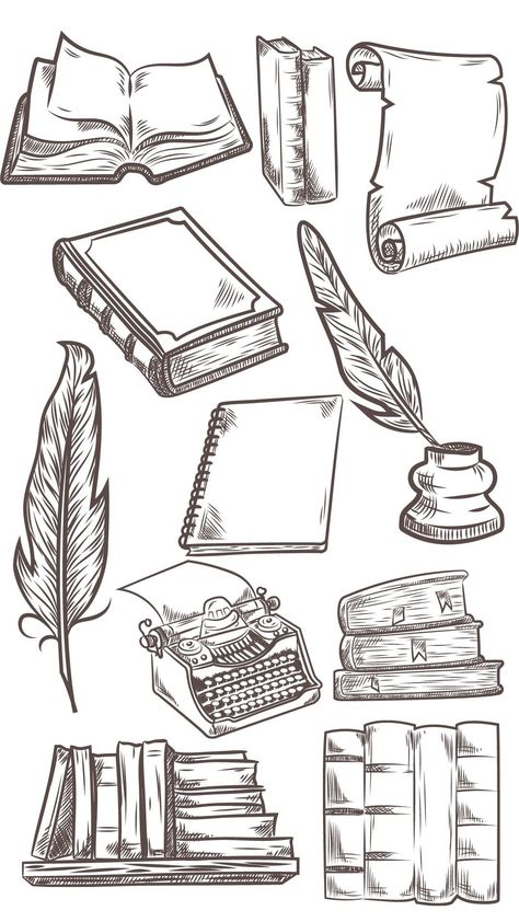 Literature Symbols Drawing, Cool Book Drawings, Writer Aesthetic Drawing, Reading Doodles Drawings, Old Things Drawing, Sketch Your Sticker Book Ideas, Book Case Drawing, Reading Journal Doodles, Open Book Drawing Reference