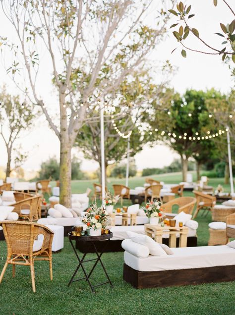 One Couple's Colorful Wedding Weekend at a Country Estate in Spain | Martha Stewart Wedding Reception Standing Tables, Backyard Wedding Sitting Area, Wedding Sitting Area Lounges, Wedding Reception Sitting Area, Non Sit Down Wedding Reception, Party Sitting Area, Wedding Cocktail Hour Tables, Sitting Area Wedding, All White Summer Party