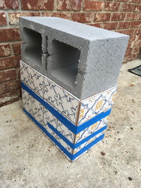 Tiled Cinderblock Bench – Phylomena Diy Cement Bench Outdoor, Tile Bench Diy, Cinder Block Bench Diy Outdoor Seating, Center Block Bench Ideas, Cinder Block Potting Bench, Cement Block Bench, Concrete Block Bench, Tiled Bench, Cinder Blocks Diy