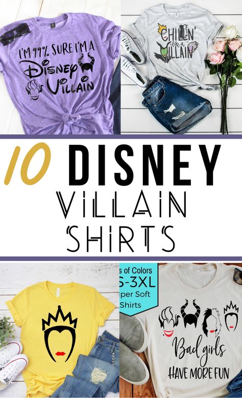 Sprinkle a little pixie dust on your next Disney World vacation with these adorable Disney Villain shirts featuring some of the best of the worst. Whether you want to show off Ursula, the Evil Queen, Cruella de Vil, or a little of all three, these top ten custom Disney shirts have you covered. Ursula Tshirt Design, Disney Villain Shirts For Women, Disney Villain Shirt Ideas, Disney Villain Tshirts, Cruella Shirt Ideas, Disney Villains Shirt Ideas, Cool Disney Shirts, Diy Disney Shirts For Women, My Favorite Disney Villian Is My Wife