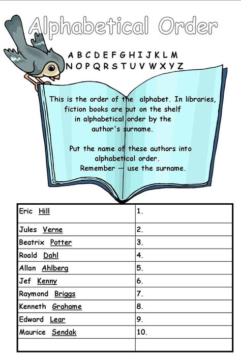 Alphabetical order worksheet for Year 3 and 4. Library Alphabetical Order, Library Skills Worksheets Free Printable, Library Worksheets, Alphabetical Order Worksheets, Spelling Word Practice, Abc Order Worksheet, Library Centers, Wedding Card Template, First Grade Words