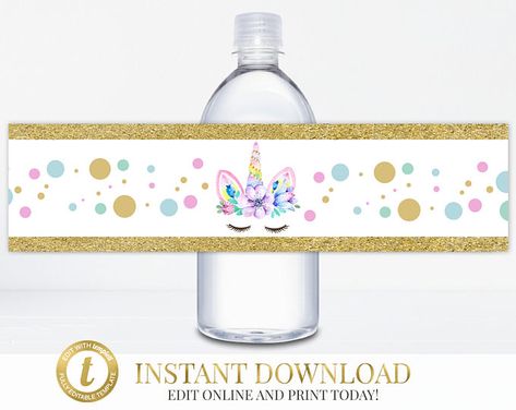 INSTANT DOWNLOAD Unicorn Party Water Bottle Labels, Unicorn Birthday, Unicorn Printable, Rainbow Unicorn, Unicorn Labels, Unicorn Printable Water Bottle Labels Free, Labels Ideas, Unicorn Water, Unicorn Water Bottle, Unicorn Themed Birthday Party, Birthday Girl Quotes, Diy Unicorn, Unicorn Printables, Moana Party