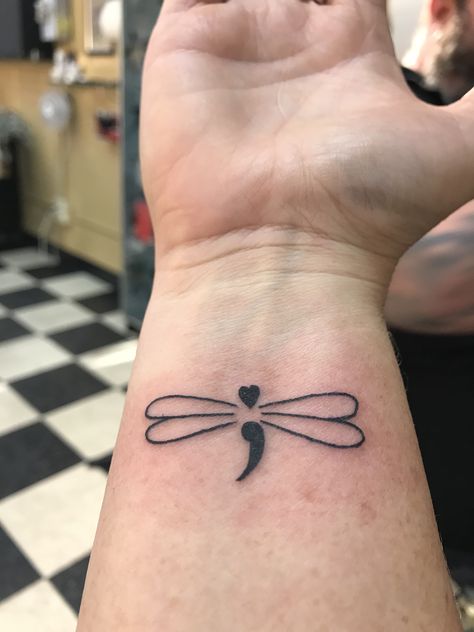 Semi colon dragonfly tattoo Semi-colon Tattoo Dragonfly, Colon Tattoos, Tattoo Semicolon, Semicolon Wrist Tattoo, Semicolon Tattoo Ideas, Semi Colon Tattoo, Dragonfly Tattoos, Colon Tattoo, Small Dragonfly Tattoo