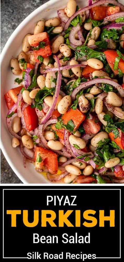 Piyaz (Turkish Navy Bean Salad) - Silk Road Recipes Turkish Salad Recipes, Navy Bean Recipes, Turkish Salad, Middle East Recipes, White Bean Salad, Bean Salad Recipes, Navy Bean, Mediterranean Diet Recipes, Bean Salad