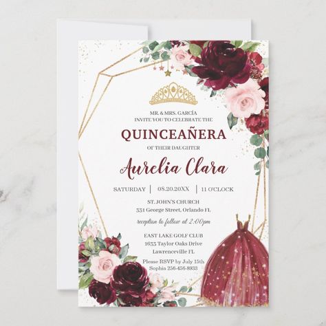 QuinceaÃ±era Burgundy Pink Floral Roses Ball Gown Invitation  Zazzle Princess Birthday Invitations, 16th Birthday Invitations, Quinceanera Party, Princess Gown, Quinceanera Invitations, Gold Invitations, 15th Birthday, Princess Birthday, 16th Birthday