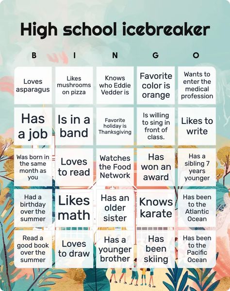 High school icebreaker bingo card template Ice Breaker Bingo, Icebreaker Bingo, Human Bingo, Back To High School, Travel Bingo, Bingo Books, Reading Bingo, Sight Word Bingo, Road Trip Bingo