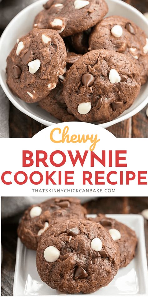 Chewy Brownie Cookies - rich, fudgy with loads of white and dark chocolate chips #fudgycookies #browniecookies #chewychocolatecookies #thatskinnychickcanbake Chewy Brownie Cookies, Dark Chocolate Brownie, Chewy Chocolate Cookies, Cookie Brownie Recipe, Chewy Brownies, White Chocolate Chip Cookies, Blogger Photos, Chocolate Dessert, Brownie Cookies