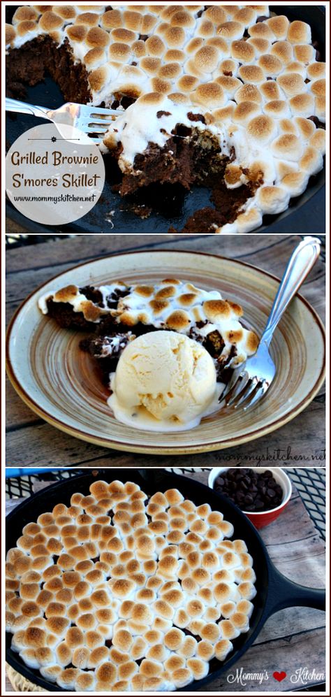 Brownies and S'mores come together deliciously in this This Grilled Brownie S'mores Skillet! This ooey-gooey chocolate dessert has a brownie bottom, with a layer of graham cracker crumbs, chocolate chips and topped with marshmallows. This delicious dessert can be cooked on an outdoor grill or baked in your oven. 😋 #smores #skilletrecipe #smoresskilletdessert #mommyskitchen #brownies #browniesmoresskillet Desert On The Grill, S�’mores On The Grill, Smores Dessert Grill, Flat Top Grill Desserts, Baking On The Grill, Grilled Desserts Easy, Dessert On The Blackstone, Blackstone Dessert Ideas, Black Stone Dessert Recipes