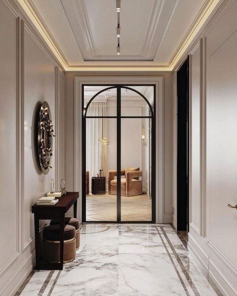 An entryway always sets the tone for a home and truly represents and defines your aesthetic. First impressions last long and that’s why you should never underestimate the power of a luxury entryway. Have a look and be inspired by these entryway designs with a luxury touch! Parisian Interior Design, Decoration Hall, Parisian Interior, Neoclassical Interior, Hallway Designs, Apartment Projects, Glass Doors Interior, Foyer Design, Entry Way Design