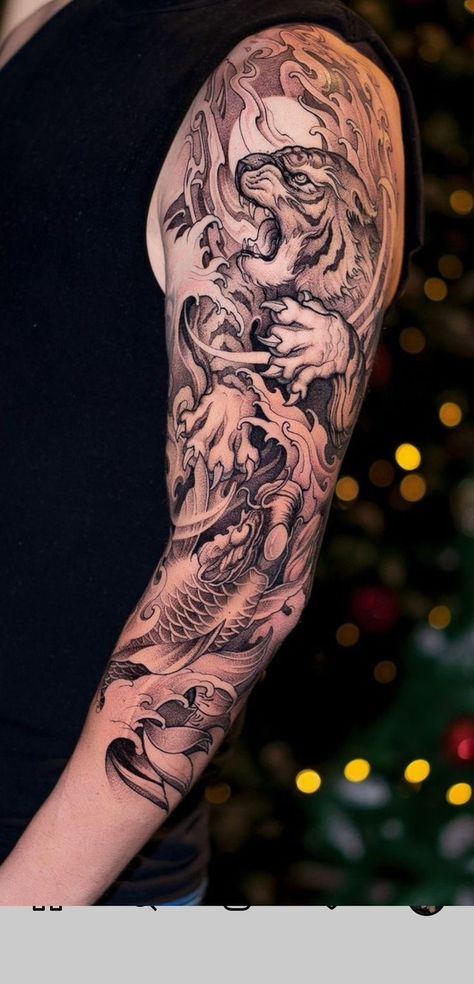 Irezumi Tattoos Sleeve For Men, Best Tiger Tattoos Men, Tiger And Koi Fish Tattoo, Japanese Style Tiger Tattoo, Japan Tiger Tattoo, Japanese Tiger Tattoo Sleeve, Asian Sleeve Tattoo, Dragon Tattoo Around Arm, Mens Forearm Tattoos Sleeve