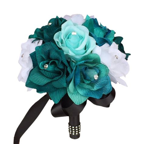 Wedding Bouquets Teal, Teal Wedding Flowers, Black Rose Bouquet, Prom Flowers Bouquet, Rhinestone Bouquet, Homecoming Flowers, Prom Bouquet, Wedding October, Aqua Rose