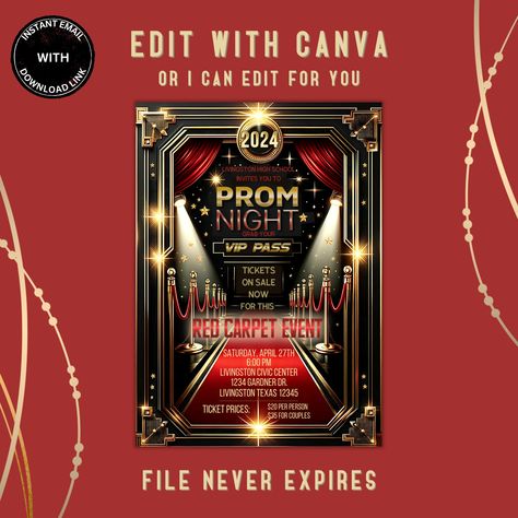 Red Carpet Theme Party Invitations, Red Carpet Invitations Template, Red Carpet Invitations, Dance Invitation, Dance Party Invitations, School Prom, Vip Pass, Prom Dance, Ticket Template