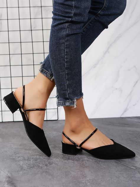 Black Elegant Collar   Plain Slingbacks Embellished   Women Shoes Black Everyday Shoes, Flats For Wedding Guest, Classy Sandals Flats, Court Shoes Outfit, Elegant Flat Shoes, Black Shoes Outfit, Elegant Shoes Flat, Formal Flats, Classy Flats