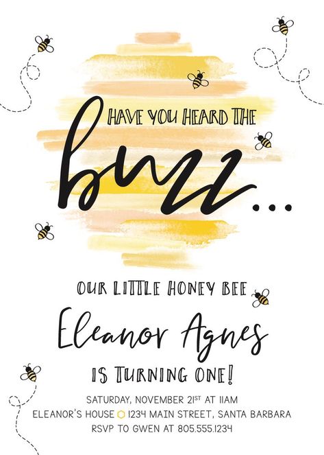 First Bee Day Invitations Buzz Honey Bee Girl Birthday | Etsy Spring First Birthday, Bee Themed Birthday, Birthday Black And White, Bee Birthday Theme, First Bee Day, Bee Themed Birthday Party, Bumble Bee Birthday, Bee Invitations, Bee Birthday Party