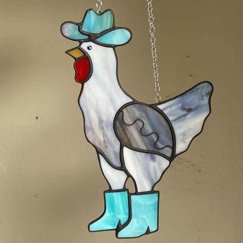 Country Stained Glass Patterns, Cowboy Stained Glass Patterns, Stained Glass Chickens, Stained Glass Cowboy Boot, Chicken Stained Glass Pattern, Cow Stained Glass Patterns, Stained Glass Chicken, Cowboy Boots Art, Cowboy Chicken