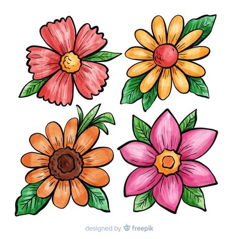 Flower Painting Cartoon, Nature Cute Drawings, Kawaii Flowers Drawing, Different Flowers Drawings, Flower Drawing With Color, Big Flower Drawing, Easy Floral Drawing, Cartoon Flowers Drawing, Flower Cartoon Drawing