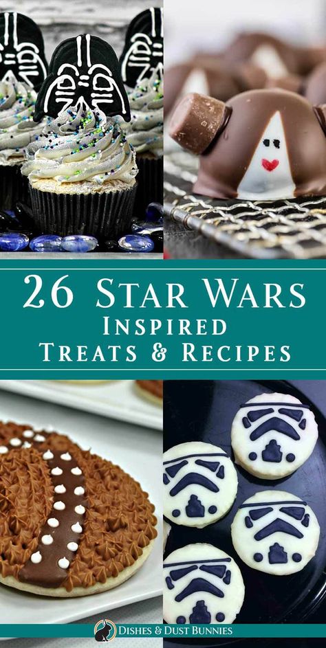 Today I'm excited to share with you a whole bunch of tasty treats, desserts and recipes inspired by one of our favorite movie series: Star Wars! These recipes are sure to be a huge hit at any Star Wars themed birthday party or even if you're just in the mood for a Wookie cookie! - 26 Star Wars Inspired Treats and Recipes via @mvdustbunnies Star Wars Inspired Desserts, Star Wars Baked Goods, Star Wars Cupcake Ideas, Star Wars Themed Food, Wookie Cookie, Star Wars Dessert, Star Wars Themed Birthday Party, Wookie Cookies, Star Wars Cupcakes