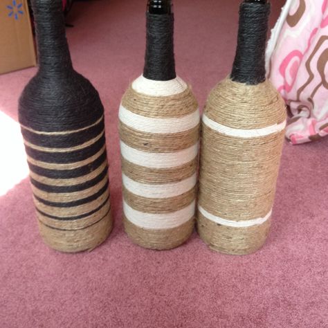 DIY wrapped wine bottles. Different color twine. Wrapped Wine Bottles, Wine Bottle Corks, Bottle Decor, Diy Wrap, Altered Bottles, Bottle Corks, Wine Bottle Decor, Wine Bottles, Twine