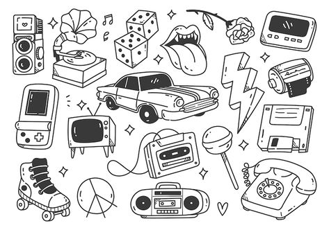 Premium Vector | Hand drawn vintage stuff doodles vector illustration Retro Doodle Art, Retro Doodles, Vintage Doodles, Groups Poster, Hand Drawn Vector Illustrations, Vintage Drawing, Sketchbook Art, Vintage Stuff, Vector Hand