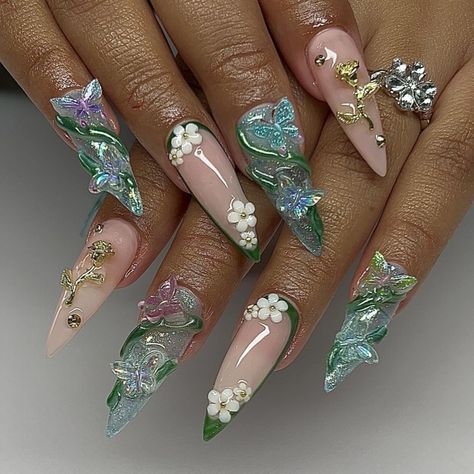 Fairy Acrylic Nails, Lux Nails, Shape Chart, Luxury Nails, Funky Nails, Stiletto Nails, Flower Nails, Green Nails, Long Acrylic Nails