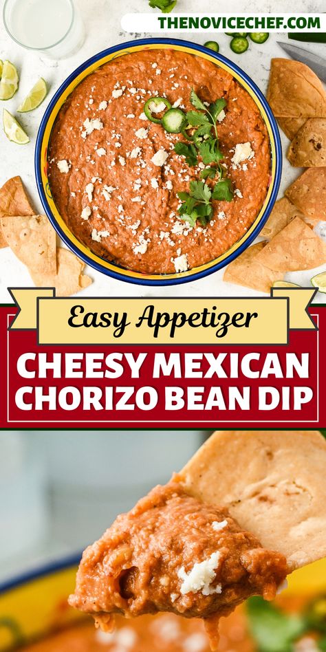 Bean Dip With Chorizo, Bean Chorizo Dip, Bean And Chorizo Dip, Chorizo And Beans, Chorizo Refried Beans, Bean Dip Mexican, Chorizo Bean Dip, Mexican Frijoles, Homemade Bean Dip