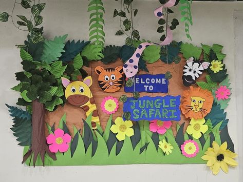 #class board # Prek # Jungle board Welcome To Our Jungle Bulletin Board, Jungle Picture Ideas, Jungle Bulletin Boards, Preschool Classroom Setup, Jungle Pictures, Class Board, Jungle Lion, School Board Decoration, Learning Books