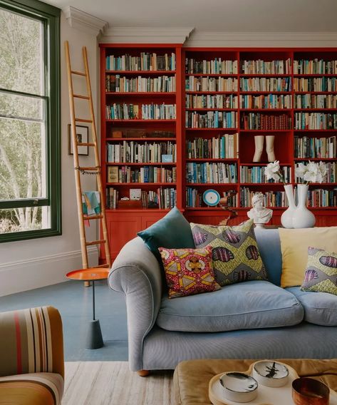 Joa Studholme, Bed Inspo, English Interior, Sitting Rooms, Apartment Architecture, Wall Bookshelves, Up House, Red Interior, Reading Corner