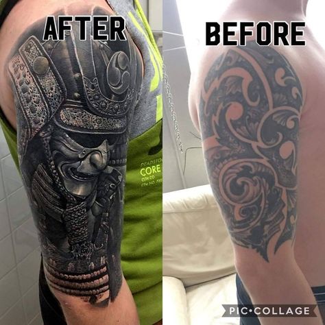 Cover Up Tattoos For Men Arm Sleeve, Cover Up Tattoos For Men Arm, Cover Up Tattoos Before And After, Tattoo Sleeve Cover Up, Arm Cover Up Tattoos, Forearm Cover Up Tattoos, Cover Up Tattoos For Men, Tatuaje Cover Up, Samurai Tattoo Sleeve