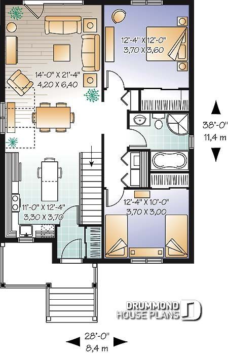 Bungalow Layout, Open Concept House Plans, Open Floor House Plans, Small Bungalow, Drummond House Plans, One Storey House, Two Bedroom House, House Plans One Story, Duplex House Plans