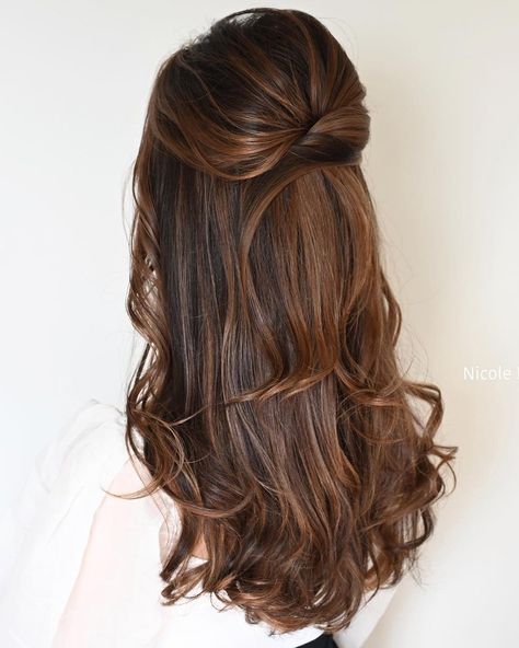 Bridesmaids Hair Inspiration, Elegant Bridesmaid Hair Half Up, Undone Half Up Hair, Brunette Braided Wedding Hair, Simple Updos For Short Hair Wedding, Elegant Wedding Hair Half Up, Half Up Half Down Wedding Hair Blowout, Hair Styles For Medium Hair Wedding, Asian Wedding Hairstyles Half Up