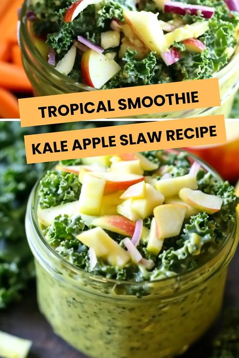 Indulge in a refreshing Tropical Smoothie Kale Apple Slaw Recipe, vibrant, healthy, and bursting with tropical flavors. Tropical Smoothie Kale Apple Slaw Recipe, Kale Apple Slaw Recipe Tropical Smoothie, Kale And Apple Slaw Recipe, Kale Apple Slaw Recipe, Apple Slaw Recipe, Kale Apple Salad, Smoothie Kale, Tropical Smoothie Recipes, Tropical Smoothie Cafe