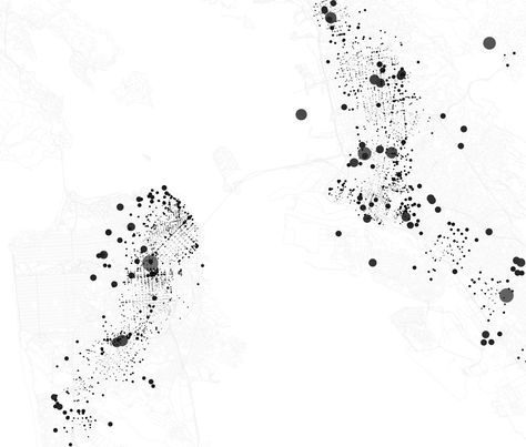 So where, then, are the pedestrian origins of BART trips that are more popular than you would expect from the general ridership of and median walking distance to their stations? (Than you would expect from the discovery that the density of trip origins at distance x from a station with ridership p and median walking distance m tends to be m²p/(π(x²+m²)²)) The size of the dot is the number of people who walk to BART from there, divided by the overall likelihood of walking that far. Larger ... Density Mapping Architecture, Profile Study, Urban Mapping, Urban Analysis, Architecture Mapping, Data Map, Urban Design Concept, Conceptual Drawing, Map Maker