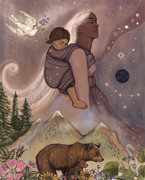 J o s é p h i n e K l e r k s on Instagram: "Commission work for @artipoppe first edition newsletter 🕊 This piece is inspired by the motherly intuition that runs deep down. The mammal force that holds this innate inner knowing what’s best for you and your baby. Discovering the world new again, so tender and vulnerable, yet so strong and shining. Always close as if the heart beats melts into one. The mother as the guiding star, walking through the waves of this humbling existence, held by the g Buda Zen, Motherhood Art, Mother Bears, Mom Pictures, Four Kids, Feminine Art, Fantasy Paintings, Ethereal Art, Spiritual Art