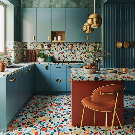 Stove Next To Wall, Terrazzo Kitchen Backsplash, Kitchen Colours Ideas, Terrazzo Kitchen Floor, Bright Colored Kitchen, Moody Hallway, Colorful Boho Kitchen, Kitchen Terrazzo, Colourful Floor