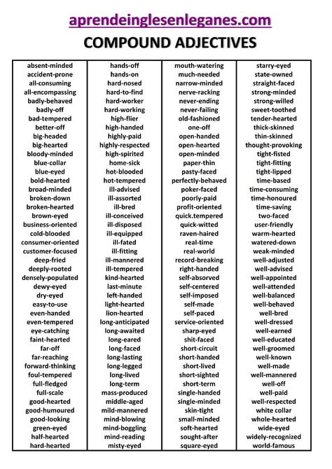 We use compound adjectives to make sentences shorter and they often make the speaker sound more fluent and articulate too. English Adjectives Advanced, Aesthetic Adjectives, English Vocubalary, Advanced Adjectives, Words To Use More Often, Strong Adjectives, Compound Adjectives, Types Of Adjectives, Study English Grammar