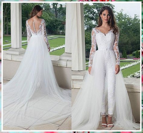 Wedding Jumpsuit The Bride - If you found what you like, it's very important that you act immediately - Visit For More! Jumpsuit Wedding Dress, Wedding Dress Jumpsuit, Pleats Fashion, Bride Jumpsuit, Wedding Pantsuit, Wedding Pants, Princess Silhouette, Detachable Train, Bridal Jumpsuit