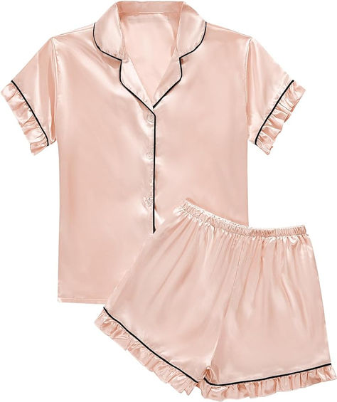 for girls and women Satin silky button down pajamas set, ruffle trim designed, chill and stylish short sleeve PJ set for women Made from soft and smooth fabric, regular fit, suitable for spring, summer and fall Satin PJs sleepwear set suitable for homewear, sleepwear, loungewear, pajamas party Please check the size chart of Umenlele in Product Description carefully before purchasing. Hand wash/ Machine wash, Do not bleach Button Down Pajamas, Pajamas Party, Shorts Sleepwear, Satin Pjs, Silk Pjs, Top With Shorts, Comfy Pjs, Pink Pajamas, Bow Shirts