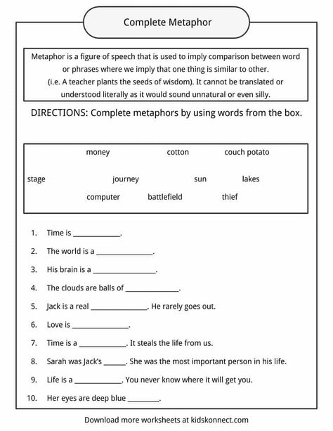 Metaphor Examples, Definition and Worksheets | What is a Metaphor? Metaphor Worksheet Grade 5, Methapor Examples, Metaphors Worksheet, Metaphors Examples, Haiku Poems For Kids, Poetry Lessons Elementary, Metaphor Worksheet, Teaching Inference, Poetry Classroom