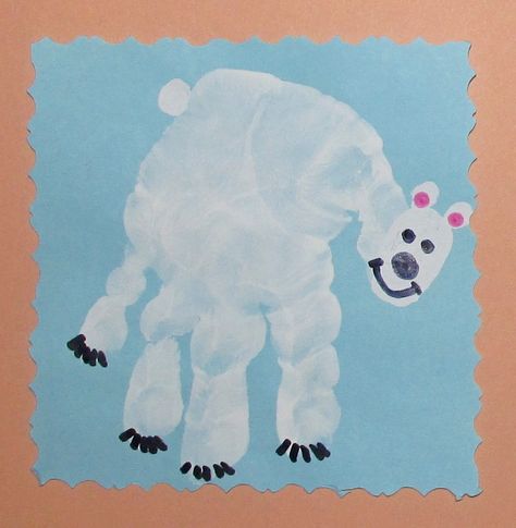 Handprint Polar Bear Craft, Polar Bear Handprint, Arctic Animals Crafts For Infants, Polar Bear Art For Toddlers, Polar Bear Footprint Craft, Polar Bear Handprint Craft, Polar Bear Toddler Craft, Winter Art Infants, Arctic Animal Crafts For Toddlers