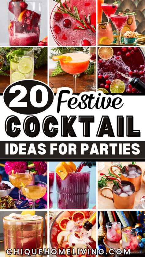 Get into the holiday spirit with these 20 festive cocktail recipes that are guaranteed to impress your guests! From classic spiked eggnog and cranberry margaritas to creative drinks like peppermint martinis and gingerbread old fashioneds, there's a drink for every palate. Each recipe is easy to follow and bursting with seasonal flavors. Whether you're hosting a holiday party or cozying up by the fire, these holiday cocktails will add cheer and warmth to your celebrations! Anniversary Cocktail Party Ideas, Welcome Cocktail Party, Birthday Cocktail Recipes, Cranberry Margaritas, Mistletoe Martini, Birthday Cocktails Recipes, Festive Cocktail Recipes, Creative Drinks, Peppermint Martini