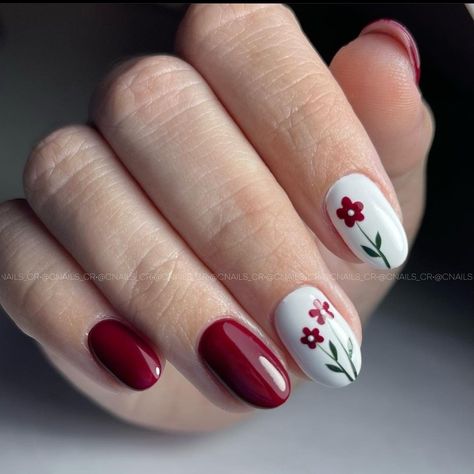 Red flower flowers almond nails white dark red Flower Almond Nails, Nails Pics, Nail Therapy, Stunning Nails, Red Nail Art, Super Cute Nails, Press Ons, Short Nail Designs, Cute Nail Art